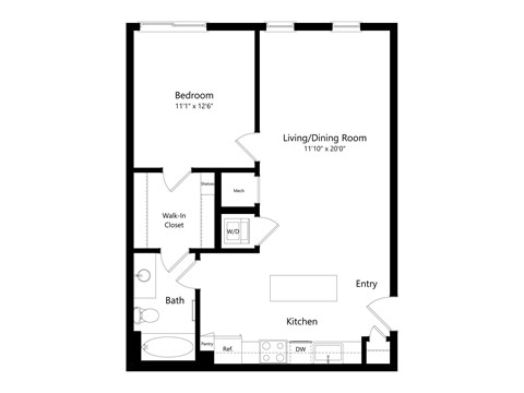Floor plan for 1 bed, 1 bath, 751 sqft